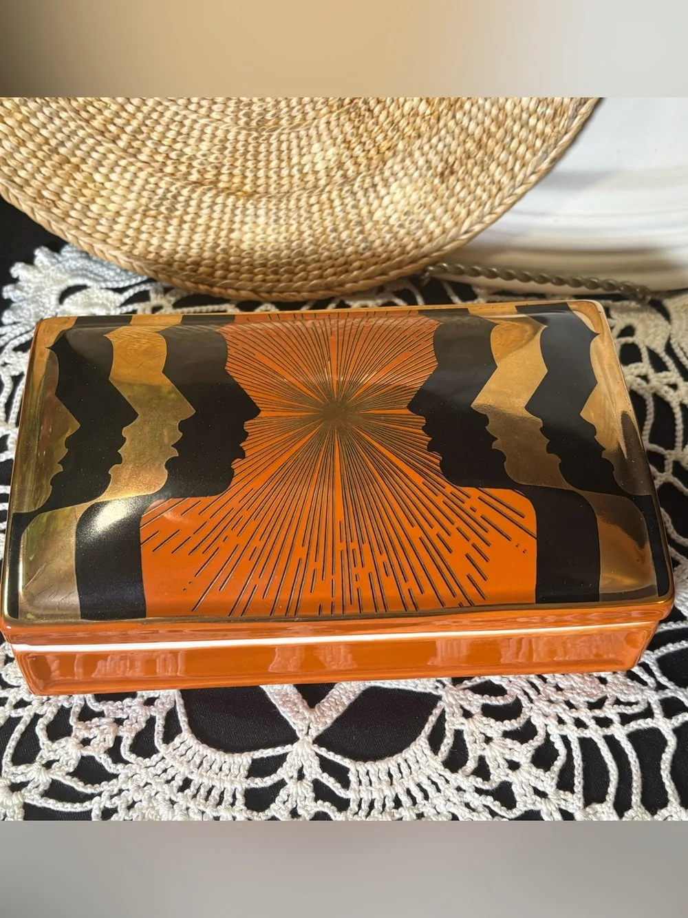 Spitfire Girl Wysper Ceramic Box 24K Gold Art Deco Faces Jewelry Keepsake Box